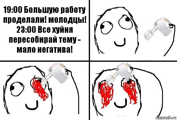 19:00 Большую работу проделали! молодцы!
23:00 Все хуйня пересобирай тему - мало негатива!