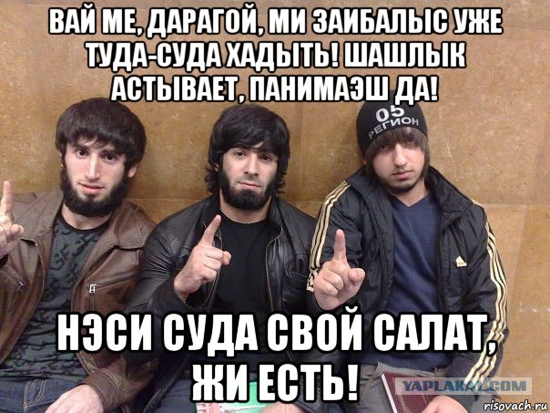 вай ме, дарагой, ми заибалыс уже туда-суда хадыть! шашлык астывает, панимаэш да! нэси суда свой салат, жи есть!