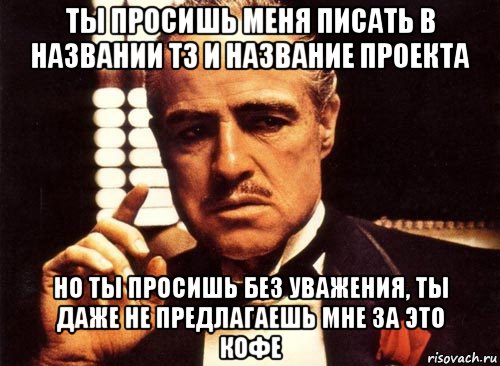 ты просишь меня писать в названии тз и название проекта но ты просишь без уважения, ты даже не предлагаешь мне за это кофе, Мем крестный отец