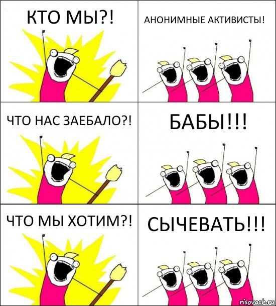 КТО МЫ?! АНОНИМНЫЕ АКТИВИСТЫ! ЧТО НАС ЗАЕБАЛО?! БАБЫ!!! ЧТО МЫ ХОТИМ?! СЫЧЕВАТЬ!!!, Комикс кто мы