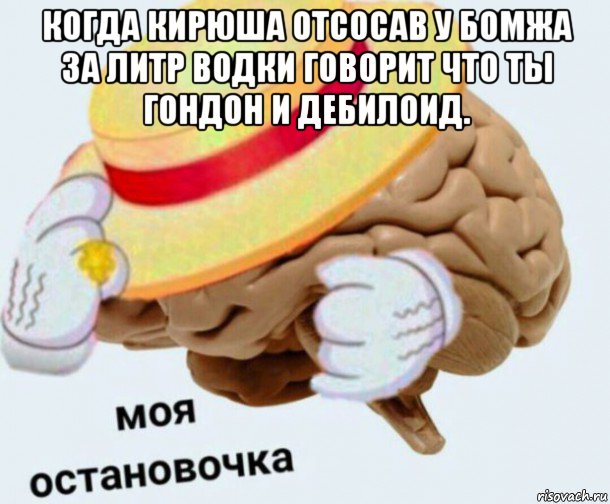 когда кирюша отсосав у бомжа за литр водки говорит что ты гондон и дебилоид. , Мем   Моя остановочка мозг