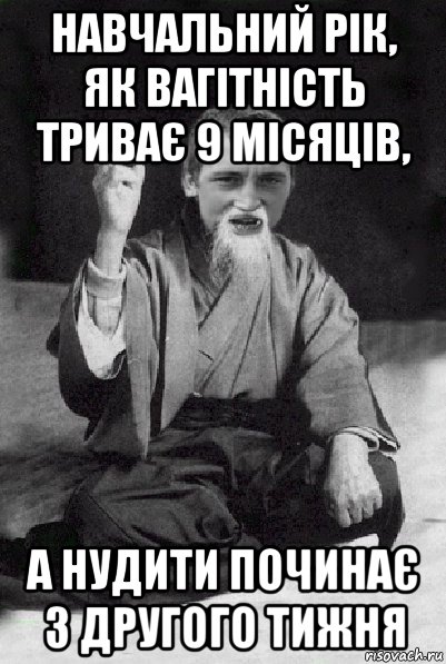 навчальний рік, як вагітність триває 9 місяців, а нудити починає з другого тижня, Мем Мудрий паца