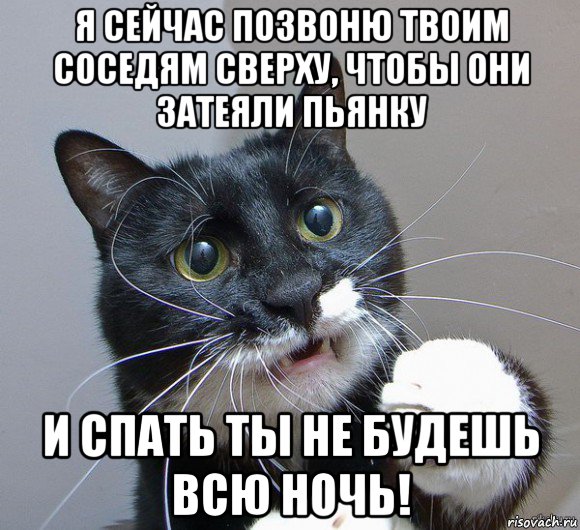 я сейчас позвоню твоим соседям сверху, чтобы они затеяли пьянку и спать ты не будешь всю ночь!