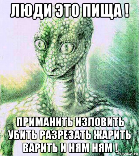люди это пища ! приманить изловить убить разрезать жарить варить и ням ням !