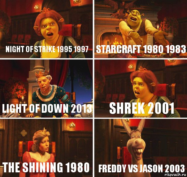 Night of strike 1995 1997 Starcraft 1980 1983 light of down 2013 Shrek 2001 The Shining 1980 Freddy vs Jason 2003, Комикс  Шрек Фиона Гарольд Осел