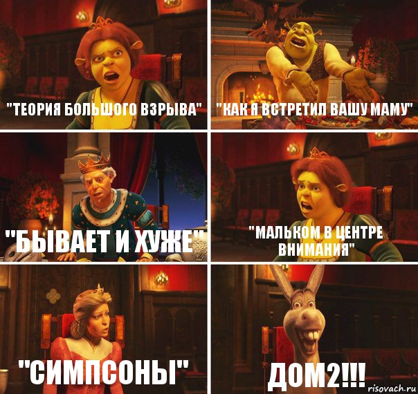 "Теория большого взрыва" "Как я встретил вашу маму" "Бывает и хуже" "Мальком в центре внимания" "Cимпсоны" ДОМ2!!!, Комикс  Шрек Фиона Гарольд Осел