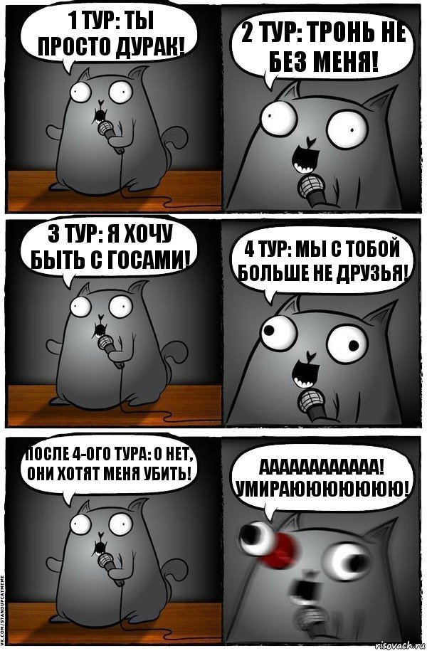 1 тур: ты просто дурак! 2 тур: тронь не без меня! 3 тур: я хочу быть с госами! 4 тур: мы с тобой больше не друзья! После 4-ого тура: О нет, они хотят меня убить! АААААААААААА! УМИРАЮЮЮЮЮЮЮ!, Комикс  Стендап-кот