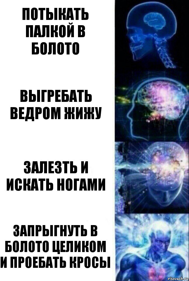 Потыкать палкой в болото Выгребать ведром жижу Залезть и искать ногами Запрыгнуть в болото целиком и проебать кросы, Комикс  Сверхразум