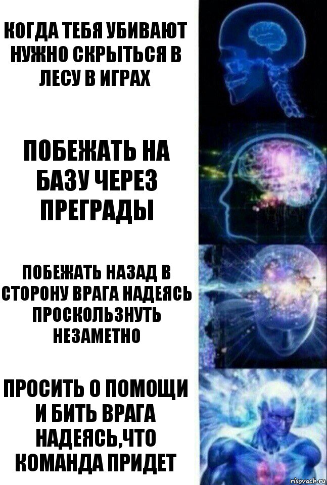 когда тебя убивают нужно скрыться в лесу в играх Побежать на базу через преграды Побежать назад в сторону врага надеясь проскользнуть незаметно просить о помощи и бить врага надеясь,что команда придет, Комикс  Сверхразум