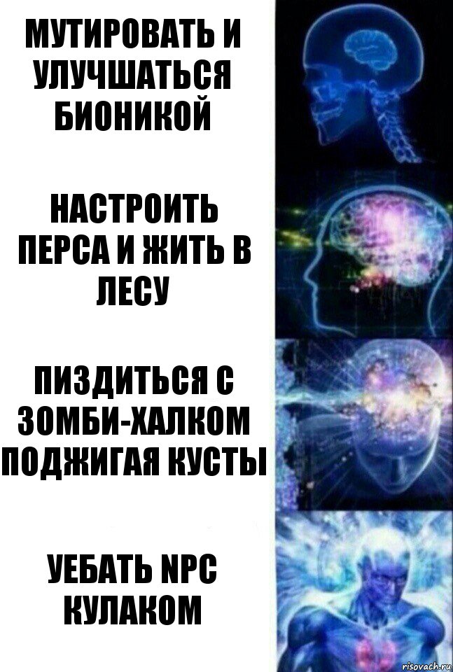 Мутировать и улучшаться бионикой Настроить перса и жить в лесу Пиздиться с зомби-халком поджигая кусты Уебать NPC кулаком, Комикс  Сверхразум