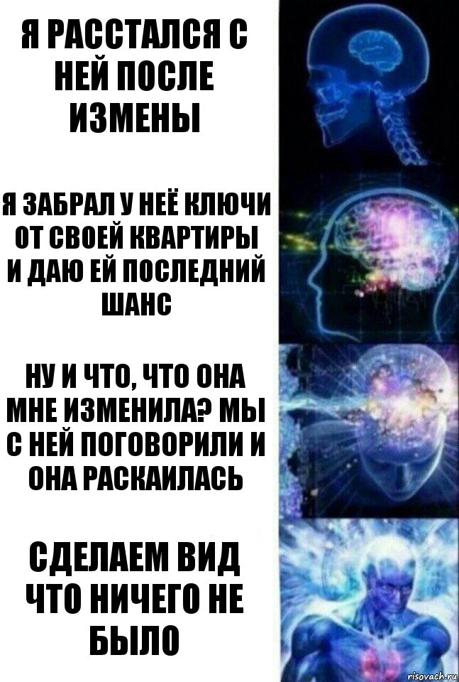 я расстался с ней после измены я забрал у неё ключи от своей квартиры
и даю ей последний шанс ну и что, что она мне изменила? мы с ней поговорили и она раскаилась сделаем вид что ничего не было, Комикс  Сверхразум