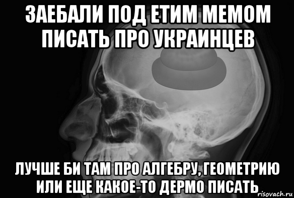 заебали под етим мемом писать про украинцев лучше би там про алгебру, геометрию или еще какое-то дермо писать