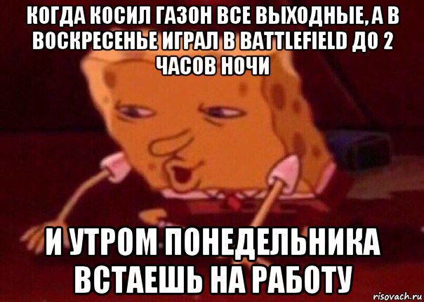 когда косил газон все выходные, а в воскресенье играл в battlefield до 2 часов ночи и утром понедельника встаешь на работу, Мем    Bettingmemes