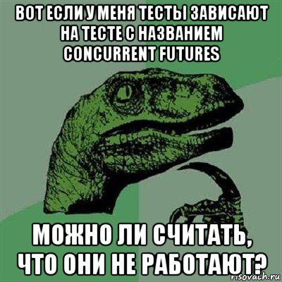 вот если у меня тесты зависают на тесте с названием concurrent futures можно ли считать, что они не работают?, Мем Филосораптор