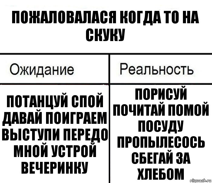 пожаловалася когда то на скуку потанцуй спой давай поиграем выступи передо мной устрой вечеринку порисуй почитай помой посуду пропылесось сбегай за хлебом, Комикс  Ожидание - реальность