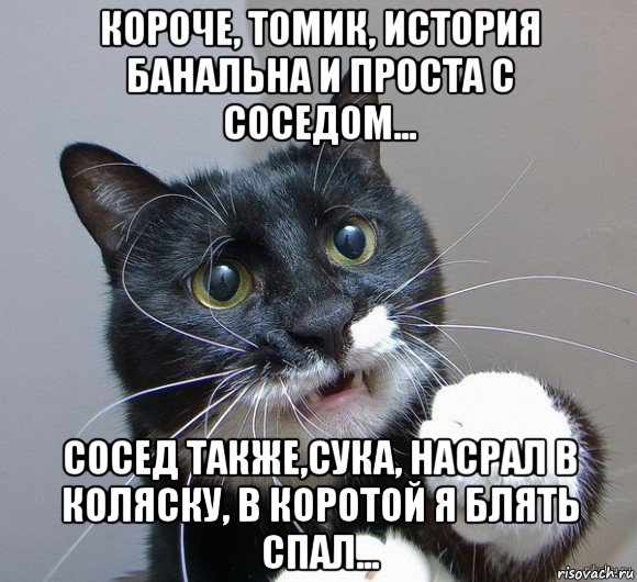 короче, томик, история банальна и проста с соседом... сосед также,сука, насрал в коляску, в коротой я блять спал...