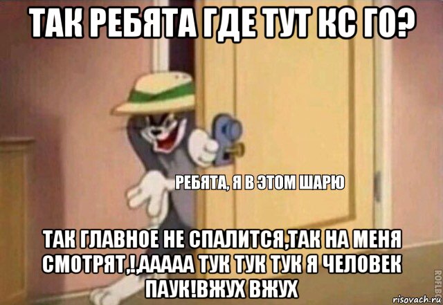 так ребята где тут кс го? так главное не спалится,так на меня смотрят,!,ааааа тук тук тук я человек паук!вжух вжух, Мем    Ребята я в этом шарю