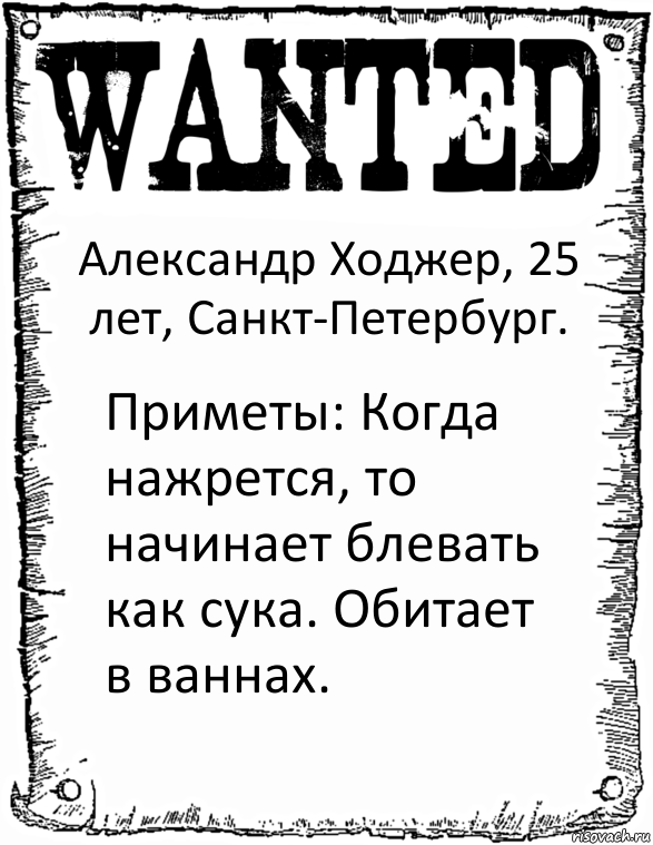 Александр Ходжер, 25 лет, Санкт-Петербург. Приметы: Когда нажрется, то начинает блевать как сука. Обитает в ваннах., Комикс розыск