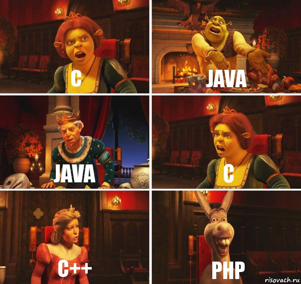 С Java Java C C++ php, Комикс  Шрек Фиона Гарольд Осел