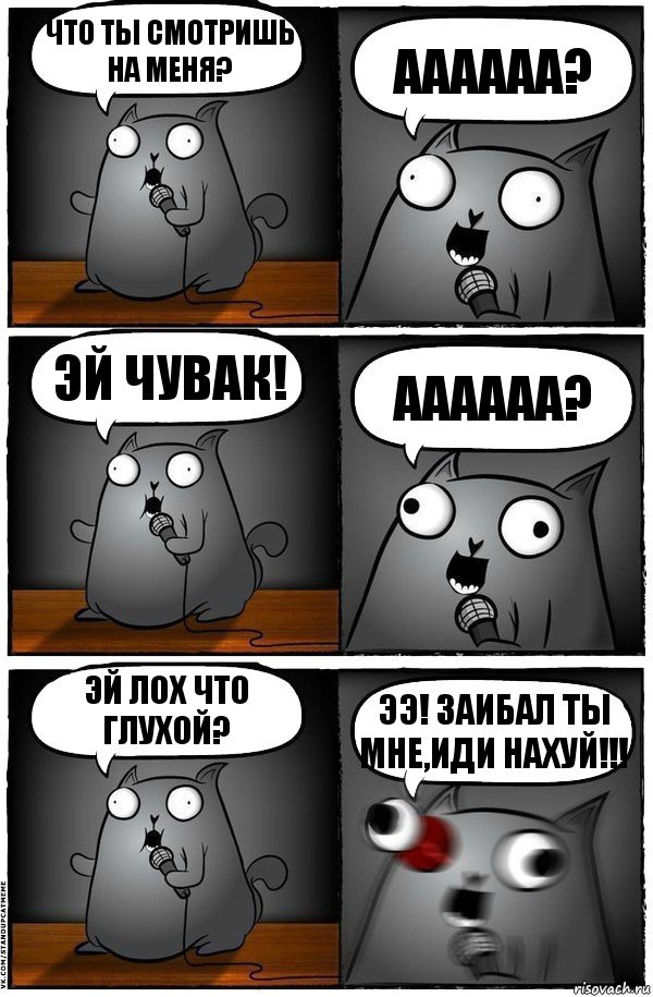 ЧТО ТЫ СМОТРИШЬ НА МЕНЯ? АААААА? ЭЙ ЧУВАК! АААААА? ЭЙ ЛОХ ЧТО ГЛУХОЙ? ЭЭ! ЗАИБАЛ ТЫ МНЕ,ИДИ НАХУЙ!!!, Комикс  Стендап-кот