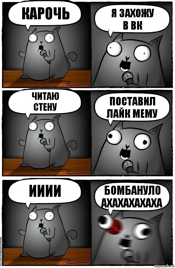 карочь я захожу
в вк читаю
стену поставил
лайк мему ииии бомбануло
ахахахахаха, Комикс  Стендап-кот