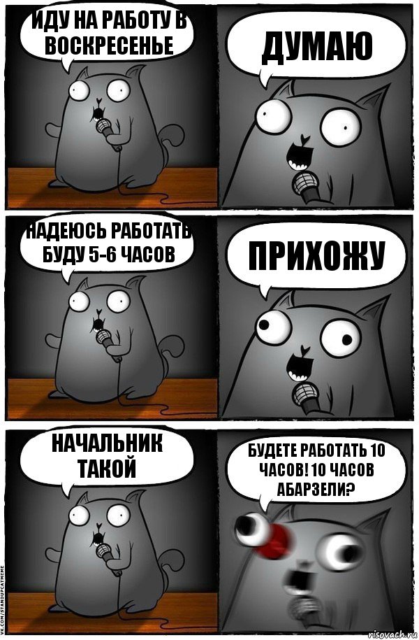 иду на работу в воскресенье думаю Надеюсь работать буду 5-6 часов Прихожу Начальник такой будете работать 10 часов! 10 ЧАСОВ АБАРЗЕЛИ?, Комикс  Стендап-кот