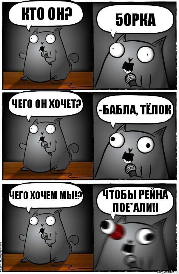 Кто он? 5орка чего он хочет? -Бабла, тёлок чего хочем мы!? Чтобы рейна пое*али!!, Комикс  Стендап-кот