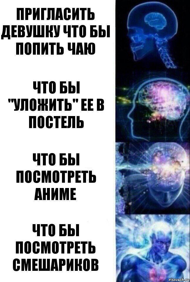 пригласить девушку что бы попить чаю что бы "уложить" ее в постель что бы посмотреть аниме что бы посмотреть смешариков, Комикс  Сверхразум