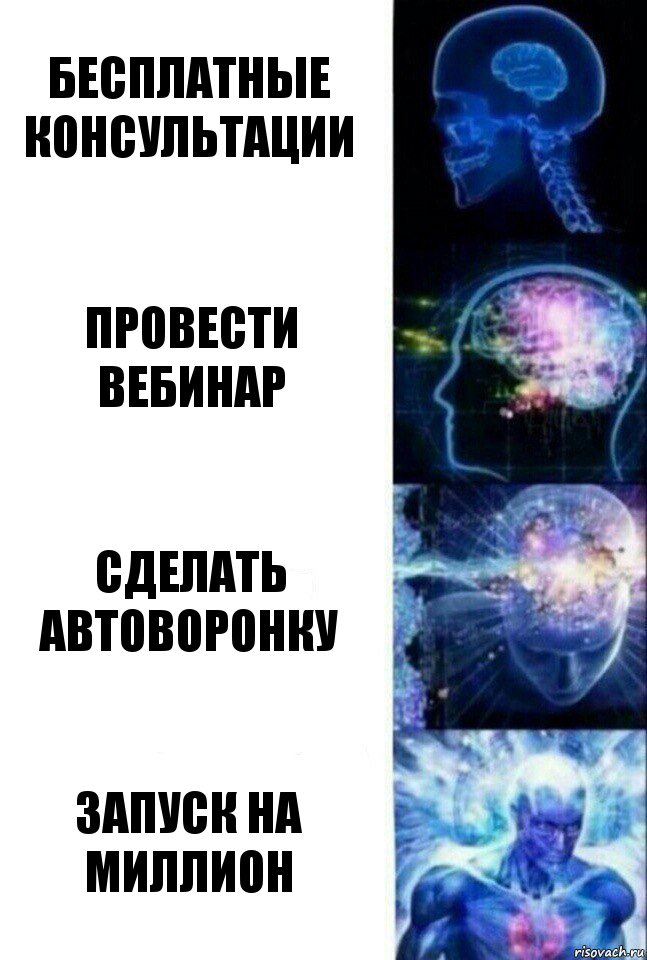 Бесплатные консультации Провести вебинар Сделать автоворонку Запуск на миллион, Комикс  Сверхразум