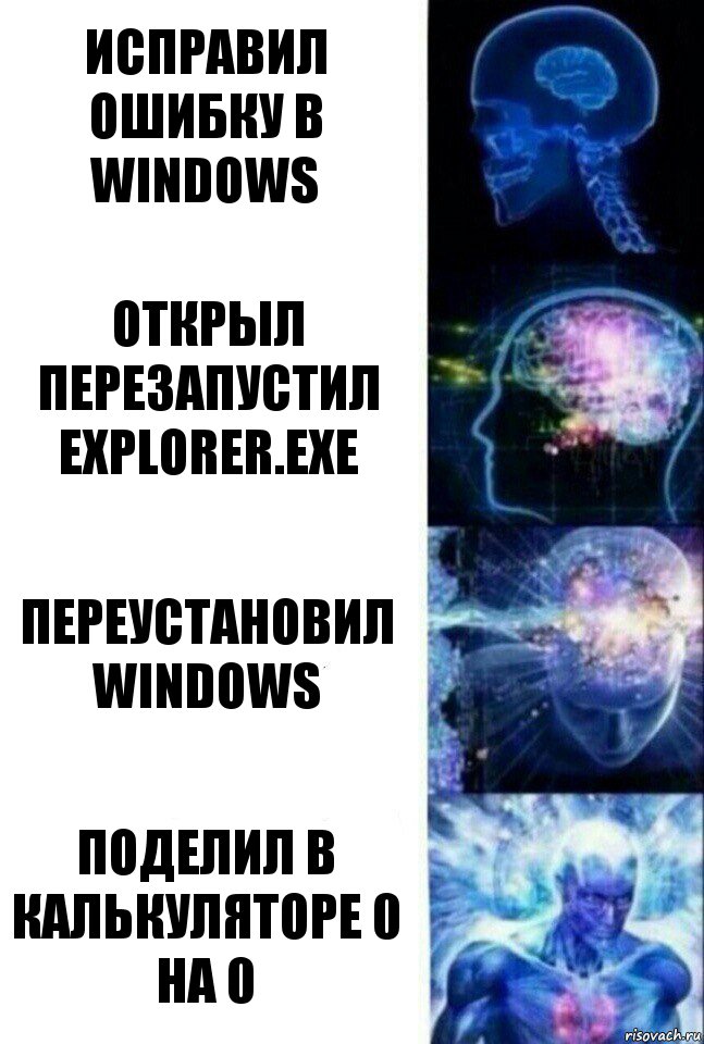 Исправил ошибку в Windows Открыл перезапустил explorer.exe Переустановил windows Поделил в калькуляторе 0 на 0, Комикс  Сверхразум