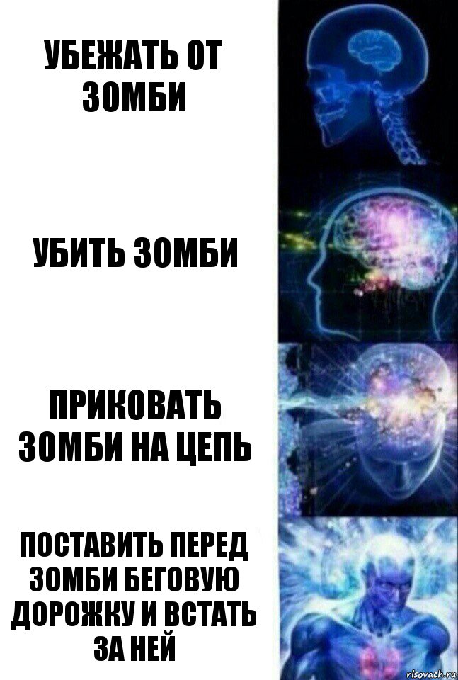 Убежать от зомби Убить зомби Приковать зомби на цепь Поставить перед зомби беговую дорожку и встать за ней, Комикс  Сверхразум