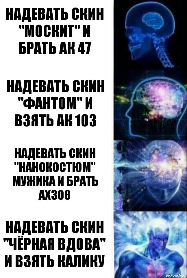 Надевать скин "Москит" и брать ак 47 Надевать скин "Фантом" и взять ак 103 Надевать скин "Нанокостюм" мужика и брать Ах308 Надевать скин "Чёрная вдова" и взять калику, Комикс  Сверхразум