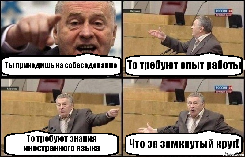 Ты приходишь на собеседование То требуют опыт работы То требуют знания иностранного языка Что за замкнутый круг!, Комикс Жириновский