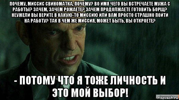 почему, миссис свиноматка, почему? во имя чего вы встречаете мужа с работы? зачем, зачем рожаете? зачем продолжаете готовить борщ? неужели вы верите в какую-то миссию или вам просто страшно пойти на работу? так в чем же миссия, может быть, вы откроете? - потому что я тоже личность и это мой выбор!