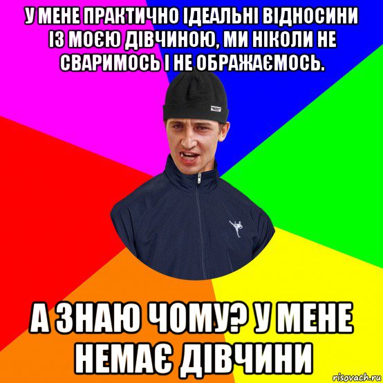 у мене практично ідеальні відносини із моєю дівчиною, ми ніколи не сваримось і не ображаємось. а знаю чому? у мене немає дівчини