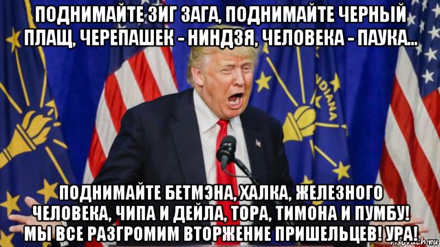 поднимайте зиг зага, поднимайте черный плащ, черепашек - ниндзя, человека - паука... поднимайте бетмэна, халка, железного человека, чипа и дейла, тора, тимона и пумбу! мы все разгромим вторжение пришельцев! ура!