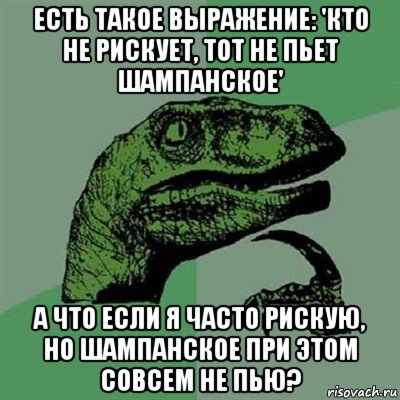 есть такое выражение: 'кто не рискует, тот не пьет шампанское' а что если я часто рискую, но шампанское при этом совсем не пью?, Мем Филосораптор