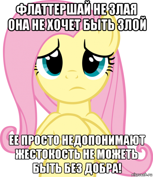 флаттершай не злая она не хочет быть злой ее просто недопонимают жестокость не можеть быть без добра!