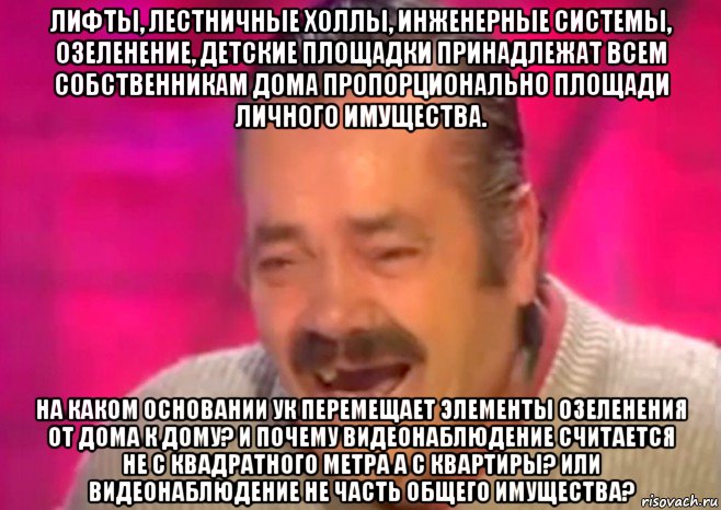 лифты, лестничные холлы, инженерные системы, озеленение, детские площадки принадлежат всем собственникам дома пропорционально площади личного имущества. на каком основании ук перемещает элементы озеленения от дома к дому? и почему видеонаблюдение считается не с квадратного метра а с квартиры? или видеонаблюдение не часть общего имущества?, Мем  Испанец