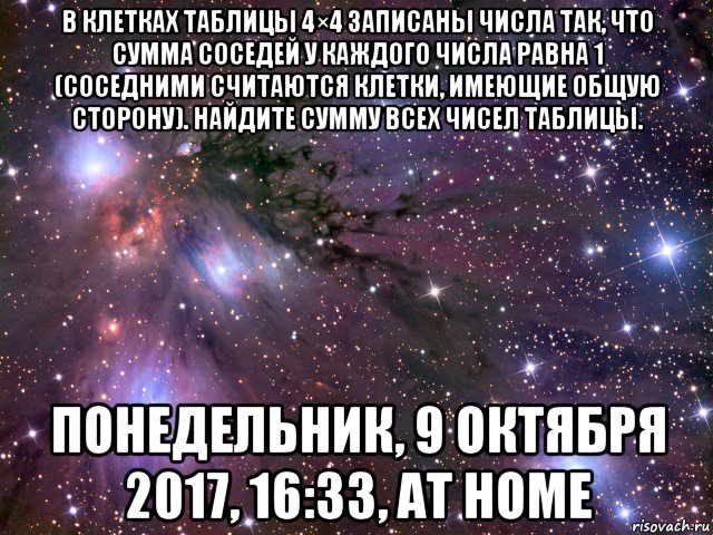 в клетках таблицы 4×4 записаны числа так, что сумма соседей у каждого числа равна 1 (соседними считаются клетки, имеющие общую сторону). найдите сумму всех чисел таблицы. понедельник, 9 октября 2017, 16:33, at home, Мем Космос