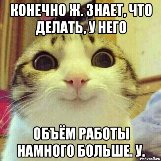 конечно ж. знает, что делать, у него объём работы намного больше. у., Мем       Котяка-улыбака