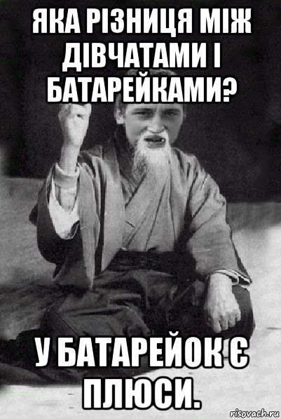 яка різниця між дівчатами і батарейками? у батарейок є плюси., Мем Мудрий паца