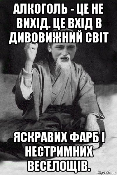 алкоголь - це не вихід. це вхід в дивовижний світ яскравих фарб і нестримних веселощів., Мем Мудрий паца