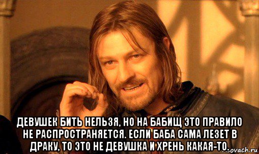  девушек бить нельзя, но на бабищ это правило не распространяется. если баба сама лезет в драку, то это не девушка и хрень какая-то., Мем Нельзя просто так взять и (Боромир мем)