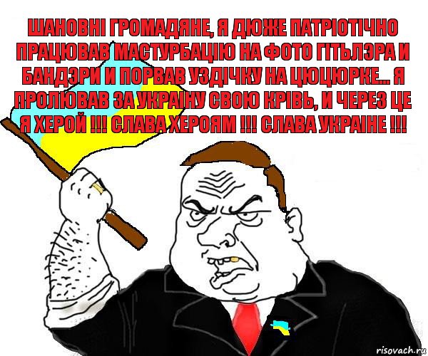 шановнi громадяне, я дюже патрiотiчно працював мастурбацiю на фото гiтьлэра и бандэри и порвав уздiчку на цюцюрке... я пролював за украiну свою крiвь, и через це я херой !!! слава хероям !!! слава украiне !!!, Комикс патриот украины блеать