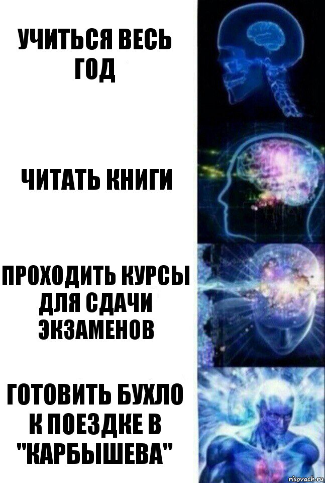 Учиться весь год Читать книги Проходить курсы для сдачи экзаменов Готовить бухло к поездке в "Карбышева", Комикс  Сверхразум