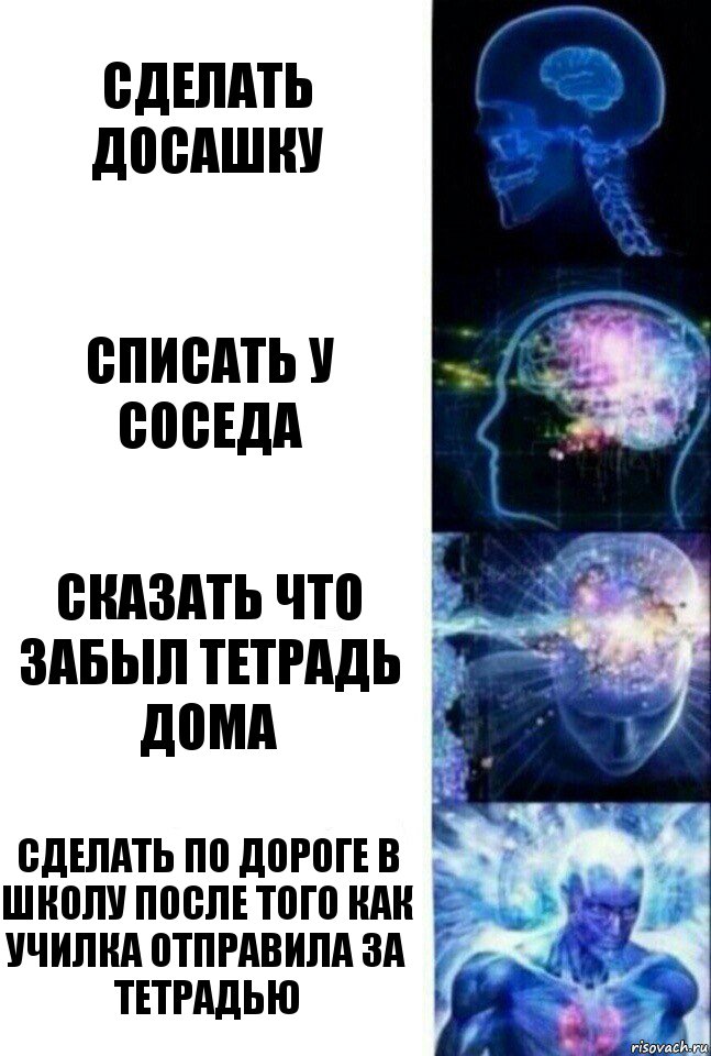 Сделать досашку Списать у соседа Сказать что забыл тетрадь дома Сделать по дороге в школу после того как училка отправила за тетрадью, Комикс  Сверхразум