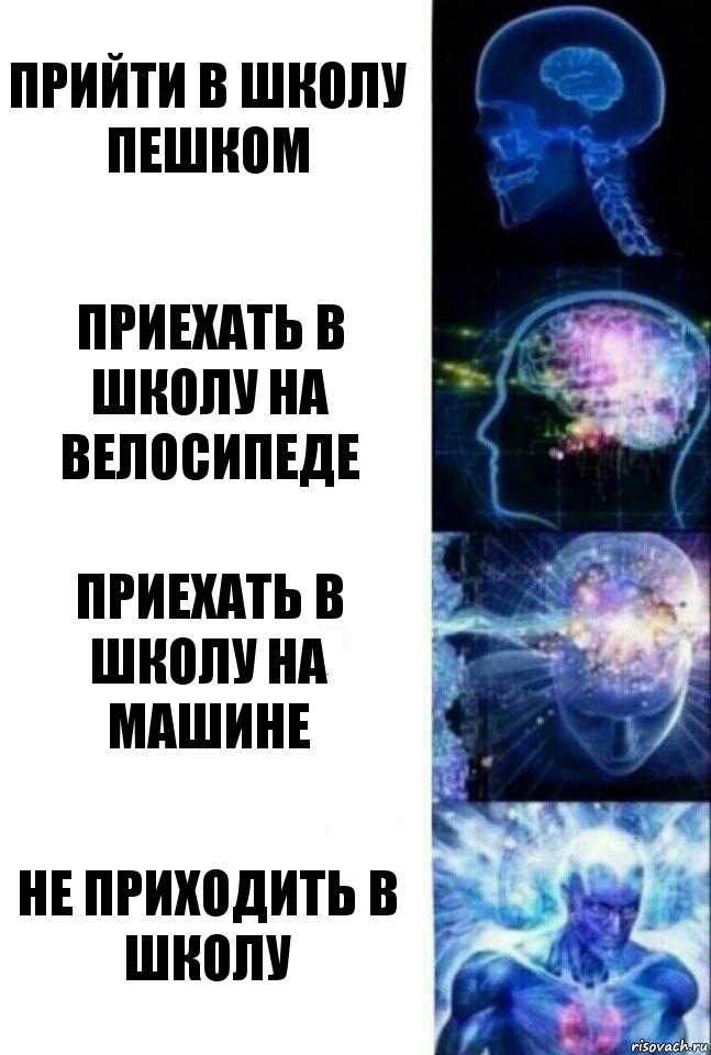 Прийти в школу пешком Приехать в школу на велосипеде Приехать в школу на машине Не приходить в школу, Комикс  Сверхразум