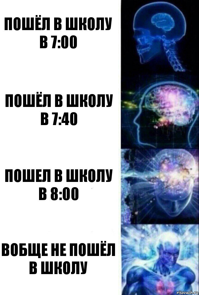 пошёл в школу в 7:00 пошёл в школу в 7:40 пошел в школу в 8:00 вобще не пошёл в школу, Комикс  Сверхразум