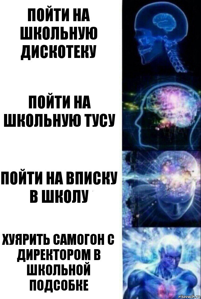 Пойти на школьную дискотеку Пойти на школьную тусу Пойти на вписку в школу Хуярить самогон с директором в школьной подсобке, Комикс  Сверхразум